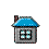 A gif of a bouncing grey house with a blue roof.